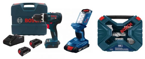 ROTOMARTILLO + LAMPARA + SET DE BROCAS GSB 18V -190 C +GLI 18V-3000+ SET DE BROCAS 65 PZAS INCLUYE: 2 PILAS DE 2.0 AMP Y CARGADOR DE 18V