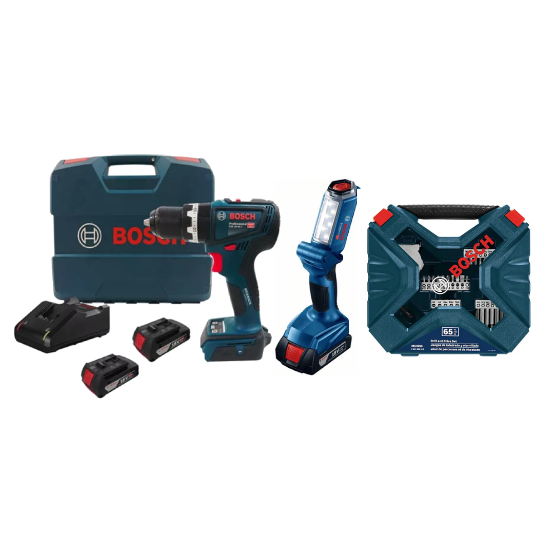 ROTOMARTILLO GSB 18V -190 C +LAMPARA GLI 18V-3000+ SET DE BROCAS 65 PZAS INCLUYE: 2 PILAS DE 2.0 AMP Y CARGADOR DE 18V